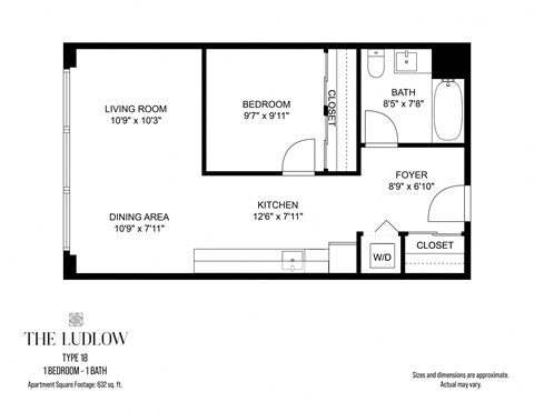 Floor plan for 1 bed, 1 bath, 626 sqft